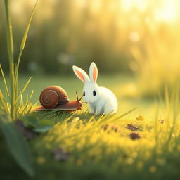 In the early morning, a brown little snail is resting on a blade of grass, munching on it, while a cute little white rabbit crouches nearby