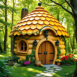 A whimsical, honeycomb-shaped cottage resembling a beehive, set in a lush green forest
