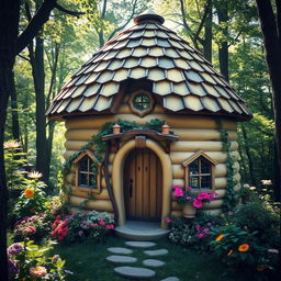 A whimsical, honeycomb-shaped cottage resembling a beehive, set in a lush green forest