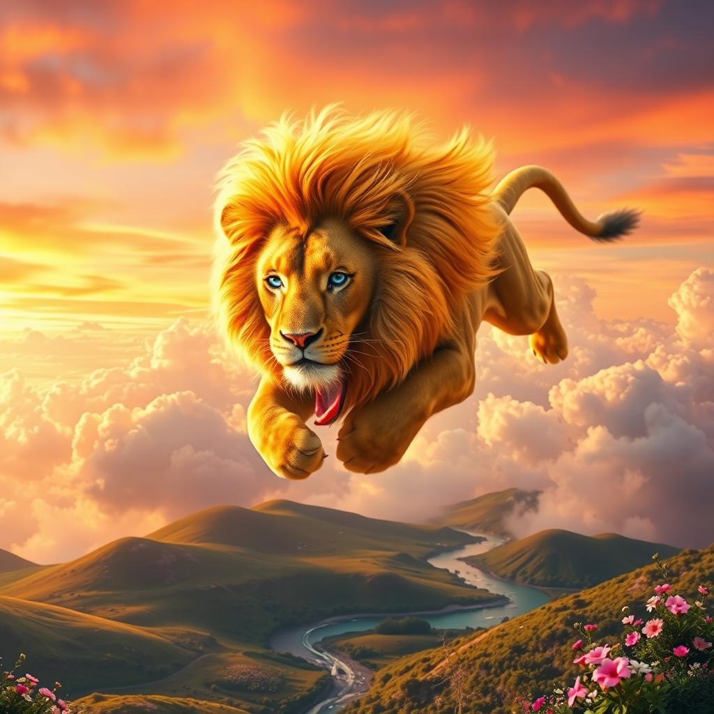 A majestic lion soaring through the sky with colorful clouds surrounding it