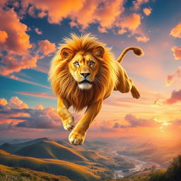 A majestic lion soaring through the sky with colorful clouds surrounding it