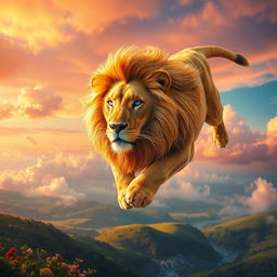 A majestic lion soaring through the sky with colorful clouds surrounding it