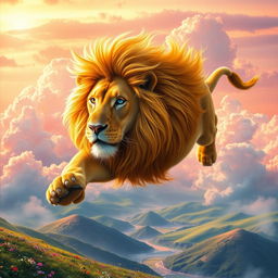 A majestic lion soaring through the sky with colorful clouds surrounding it