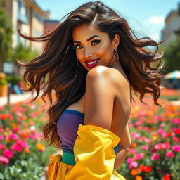 A strikingly beautiful woman with a confident stance, showcasing her curvaceous figure