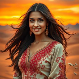 A stunning portrait of a beautiful Middle Eastern woman with long, flowing hair, wearing a luxurious and elegantly designed traditional dress adorned with intricate patterns