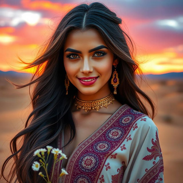 A stunning portrait of a beautiful Middle Eastern woman with long, flowing hair, wearing a luxurious and elegantly designed traditional dress adorned with intricate patterns