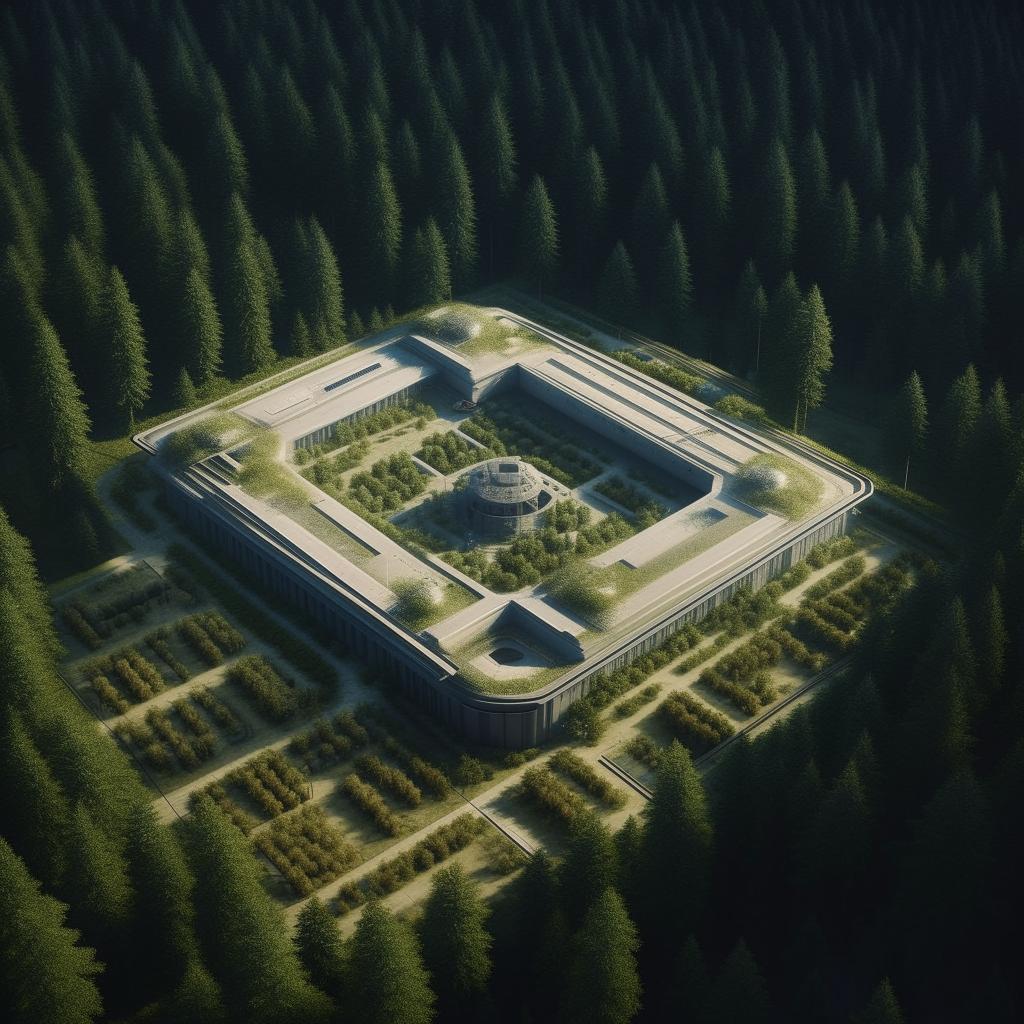 aerial view futuristic maximum-security penitentiary in the middle of forest in broad daylight based on https://files.dreamhome.software/files/static/36926