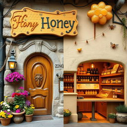 A whimsical and enticing honey shop interior and exterior, featuring unique architectural elements