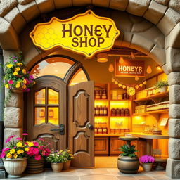 A whimsical and enticing honey shop interior and exterior, featuring unique architectural elements