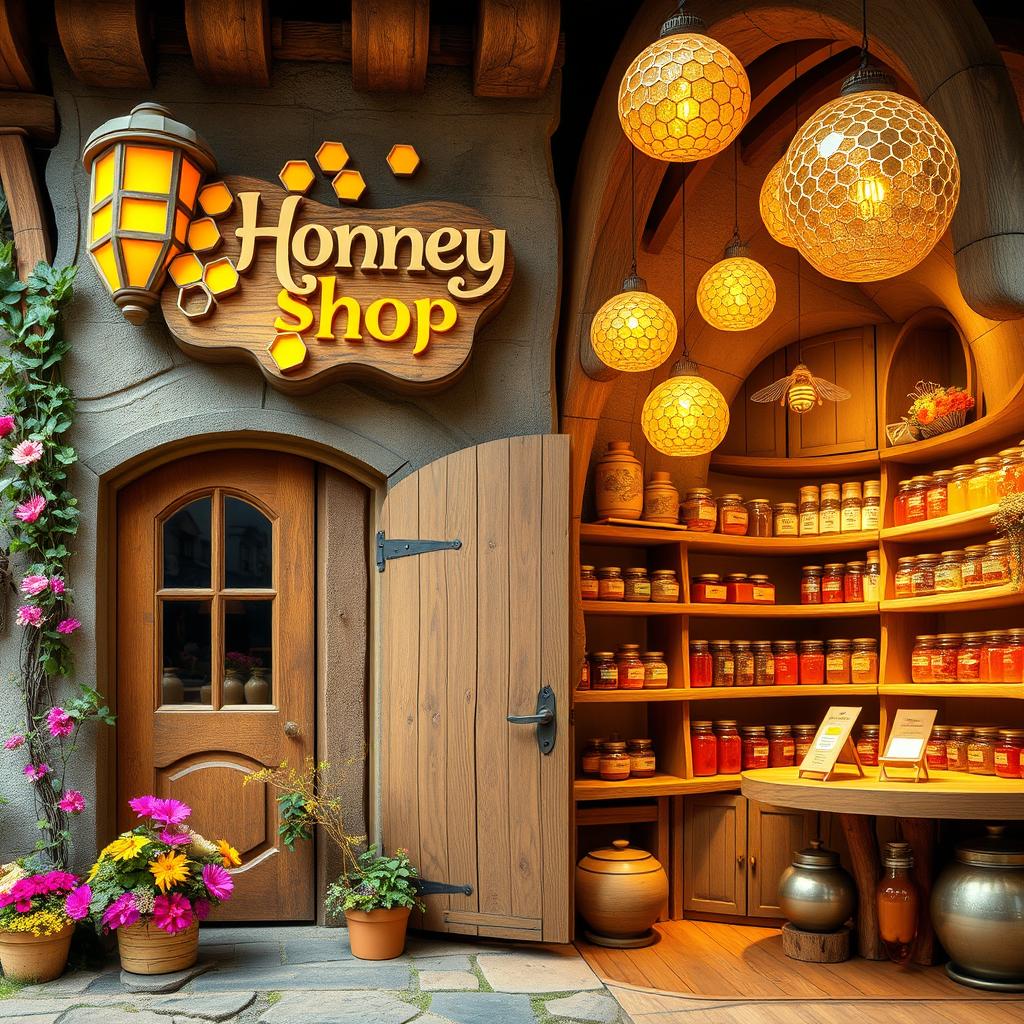 A whimsical and enticing honey shop interior and exterior, featuring unique architectural elements