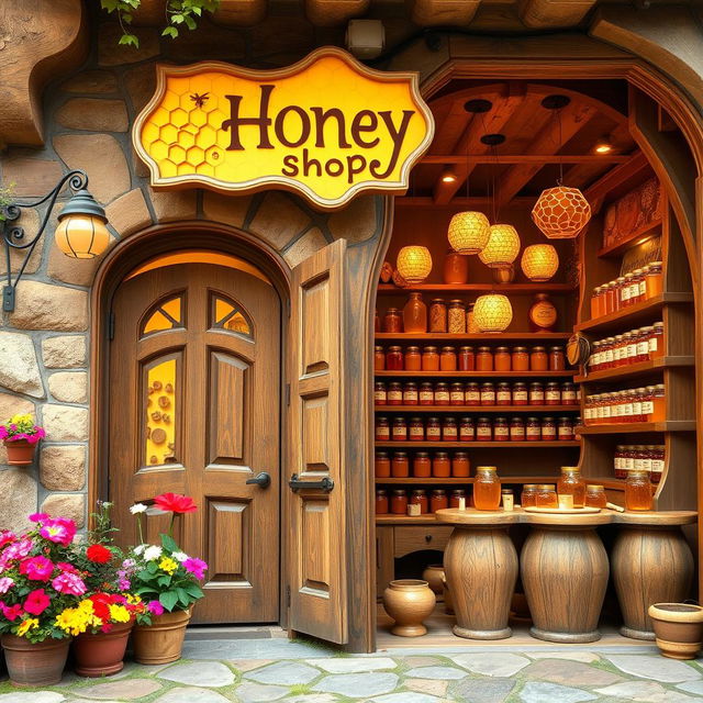 A whimsical and enticing honey shop interior and exterior, featuring unique architectural elements