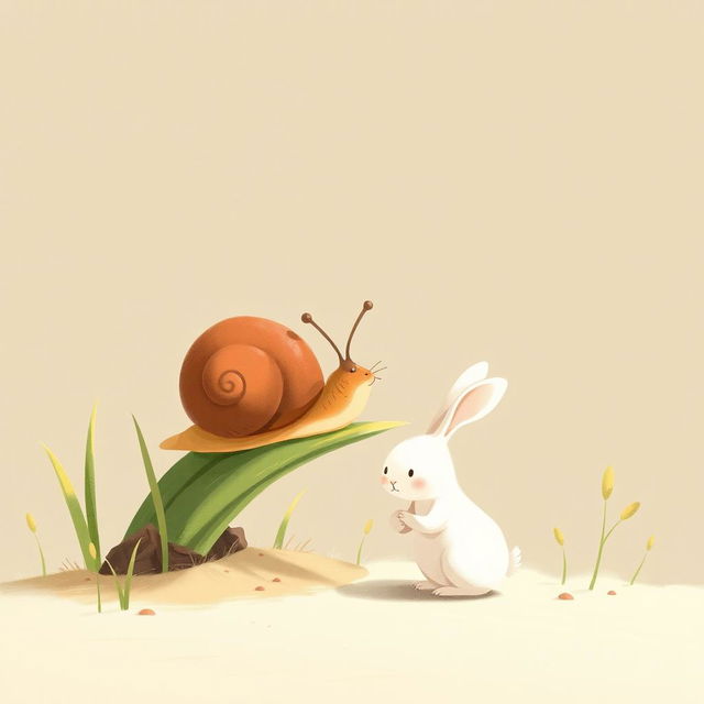 A warm and charming illustration featuring a brown little snail resting on a blade of grass, munching happily on it, while a cute little white rabbit stands nearby