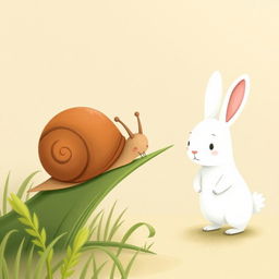 A warm and charming illustration featuring a brown little snail resting on a blade of grass, munching happily on it, while a cute little white rabbit stands nearby