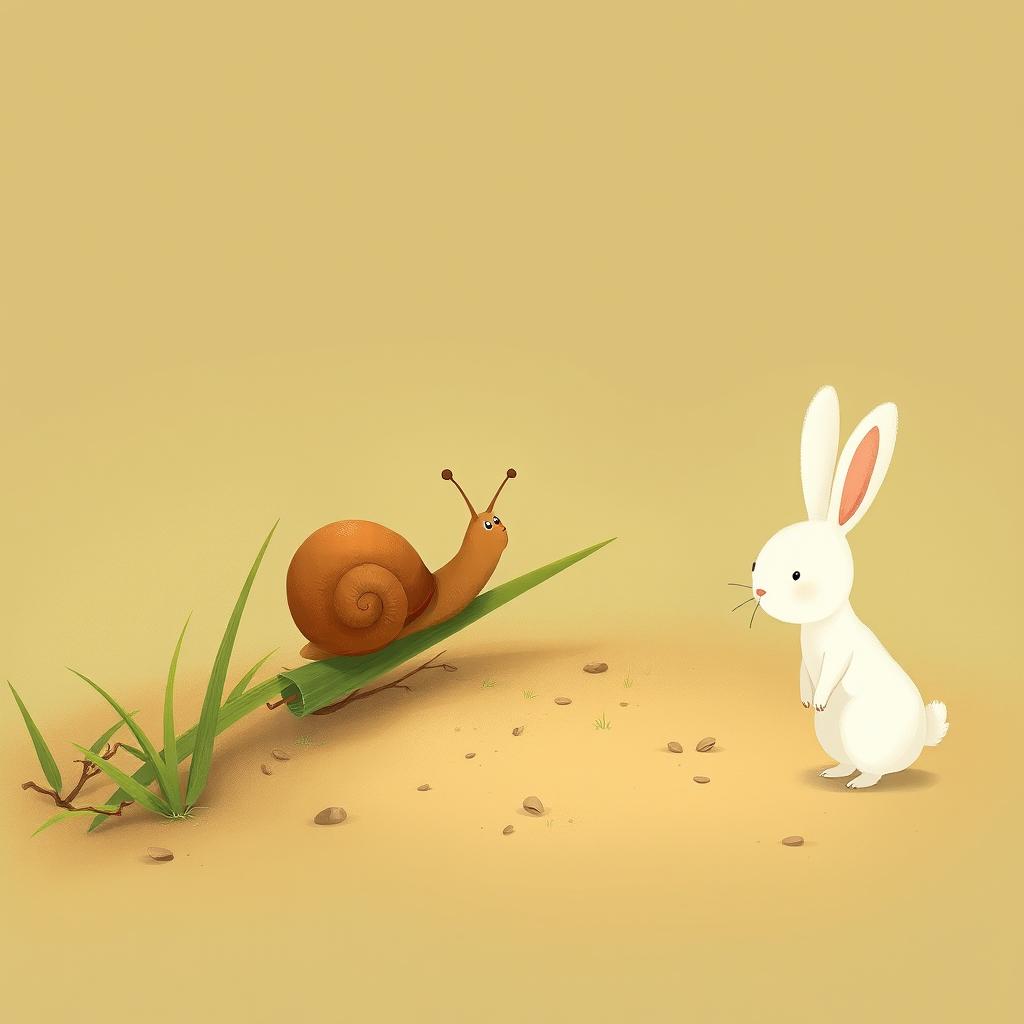 A warm and charming illustration featuring a brown little snail resting on a blade of grass, munching happily on it, while a cute little white rabbit stands nearby