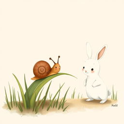 A warm and charming illustration featuring a brown little snail resting on a blade of grass, munching happily on it, while a cute little white rabbit stands nearby