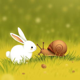 On a grassy field, a brown little snail is resting on a blade of grass, happily munching on it, while a cute little white rabbit stands nearby