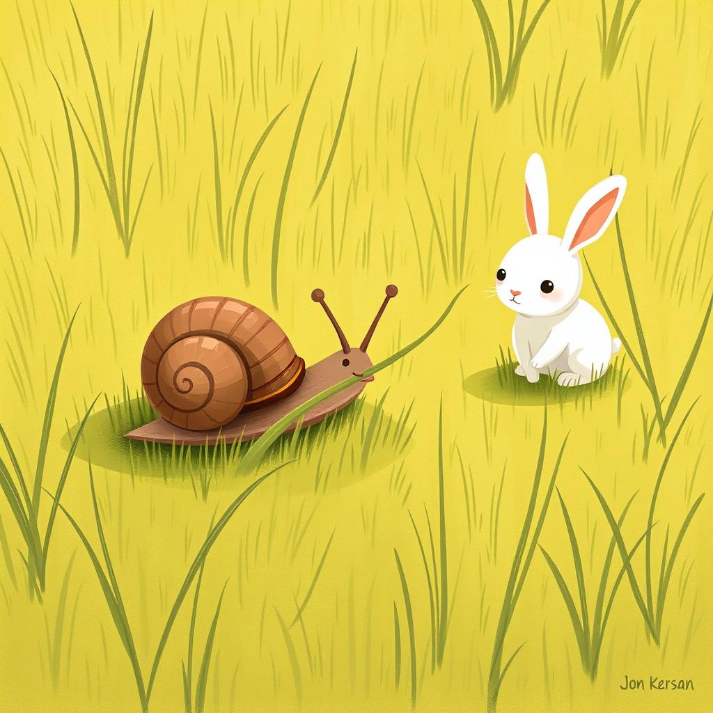 On a grassy field, a brown little snail is resting on a blade of grass, happily munching on it, while a cute little white rabbit stands nearby