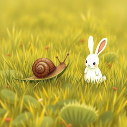 On a grassy field, a brown little snail is resting on a blade of grass, happily munching on it, while a cute little white rabbit stands nearby