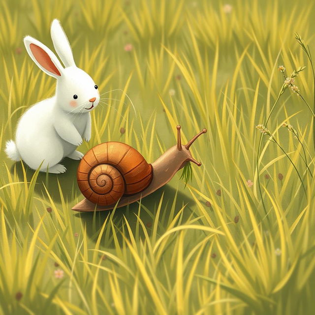 On a grassy field, a brown little snail is resting on a blade of grass, happily munching on it, while a cute little white rabbit stands nearby