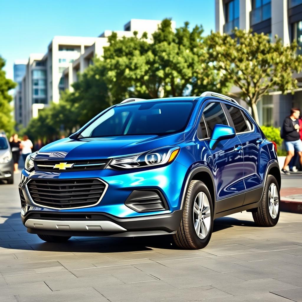 A sleek and modern Chevrolet Trax parked in a stylish urban setting, showcasing its compact design and distinctive front grille