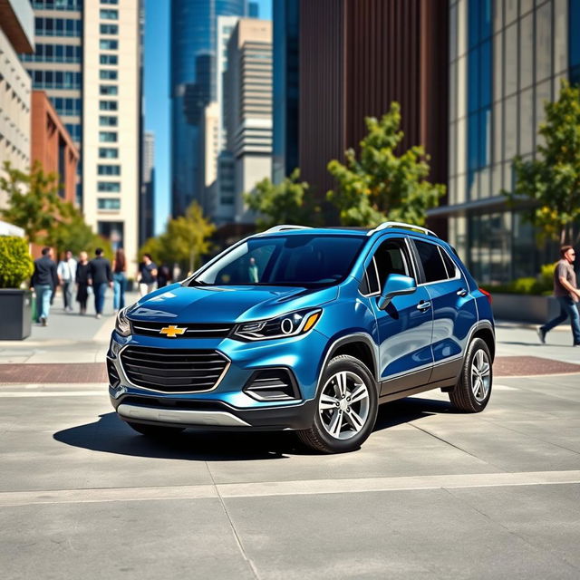 A sleek and modern Chevrolet Trax parked in a stylish urban setting, showcasing its compact design and distinctive front grille