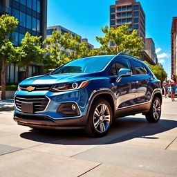 A sleek and modern Chevrolet Trax parked in a stylish urban setting, showcasing its compact design and distinctive front grille