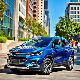 A sleek and modern Chevrolet Trax parked in a stylish urban setting, showcasing its compact design and distinctive front grille