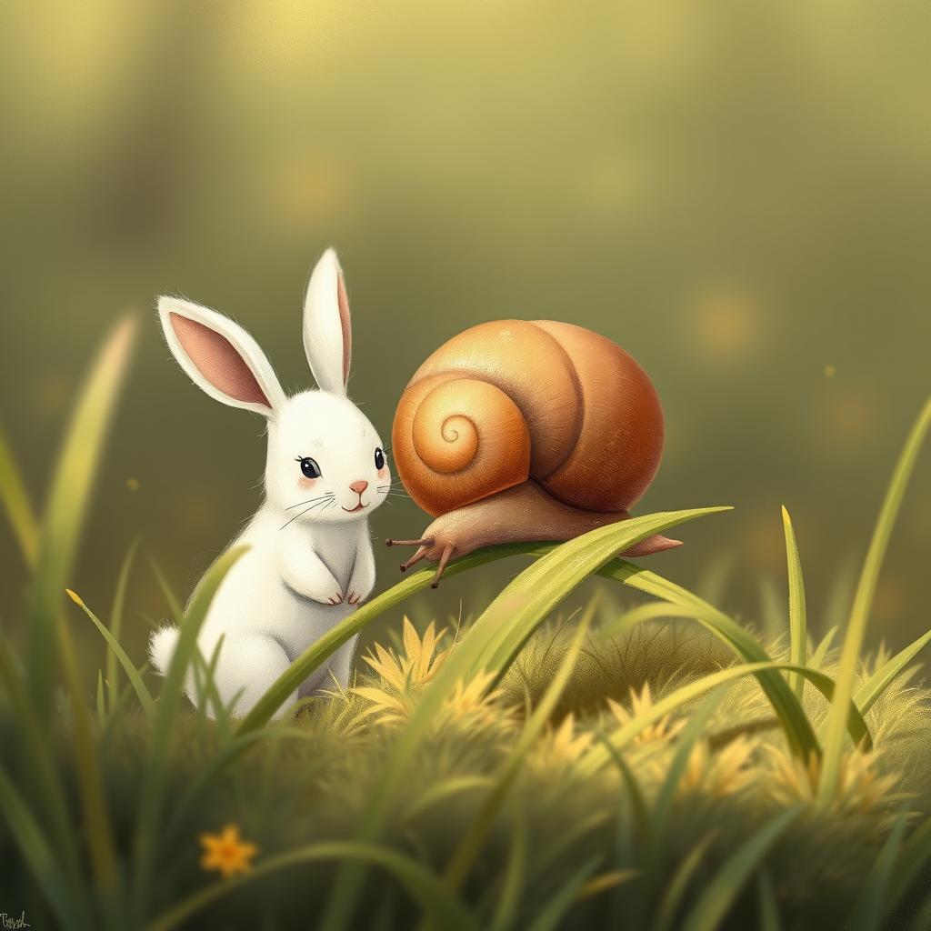 A delightful scene featuring a brown little snail resting on a blade of grass, happily nibbling on it, alongside a cute little white rabbit standing nearby