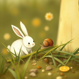 A delightful scene featuring a brown little snail resting on a blade of grass, happily nibbling on it, alongside a cute little white rabbit standing nearby