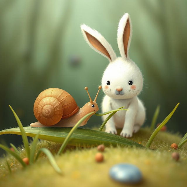 A delightful scene featuring a brown little snail resting on a blade of grass, happily nibbling on it, alongside a cute little white rabbit standing nearby