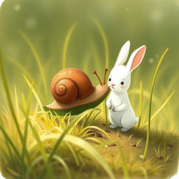 A delightful scene featuring a brown little snail resting on a blade of grass, happily nibbling on it, alongside a cute little white rabbit standing nearby