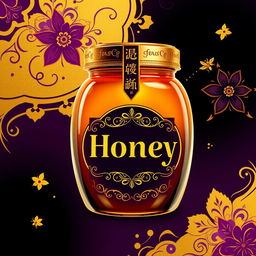 A luxurious poster design for a honey jar, utilizing a color palette of gold, purple, and black