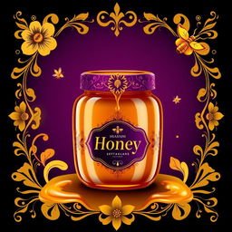 A luxurious poster design for a honey jar, utilizing a color palette of gold, purple, and black