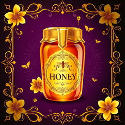 A luxurious poster design for a honey jar, utilizing a color palette of gold, purple, and black