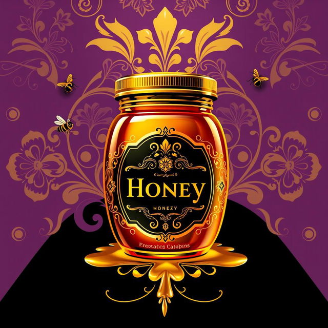 A luxurious poster design for a honey jar, utilizing a color palette of gold, purple, and black