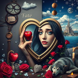 A beautiful, stunning young woman with black hair and crystal blue eyes, crying delicately as she gazes through a heart-shaped mirror