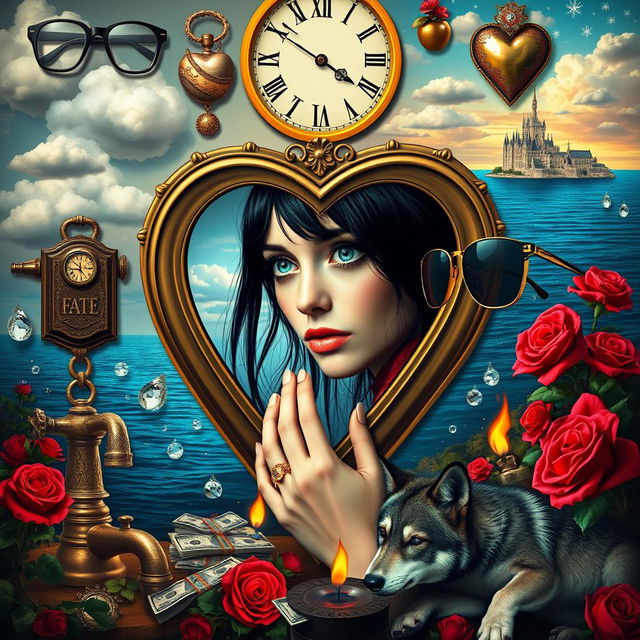 A beautiful, stunning young woman with black hair and crystal blue eyes, crying delicately as she gazes through a heart-shaped mirror
