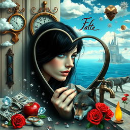 A beautiful, stunning young woman with black hair and crystal blue eyes, crying delicately as she gazes through a heart-shaped mirror