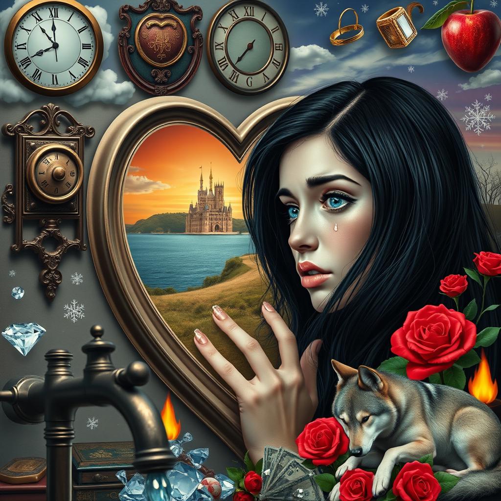 A beautiful, stunning young woman with black hair and crystal blue eyes, crying delicately as she gazes through a heart-shaped mirror