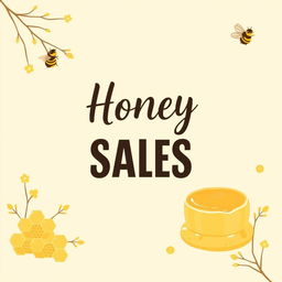 A beautiful and minimalistic background for honey sales, featuring soft pastel colors like light yellow and cream, with delicate illustrations of honeycombs and bees