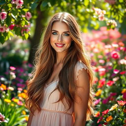A stunningly beautiful woman with long flowing hair, radiant skin, and captivating blue eyes, standing gracefully in a blooming garden filled with colorful flowers