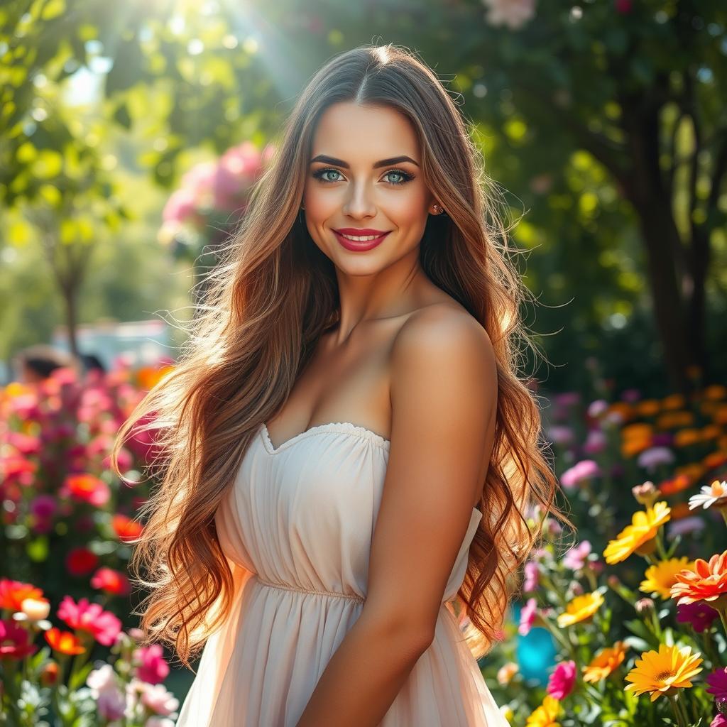 A stunningly beautiful woman with long flowing hair, radiant skin, and captivating blue eyes, standing gracefully in a blooming garden filled with colorful flowers