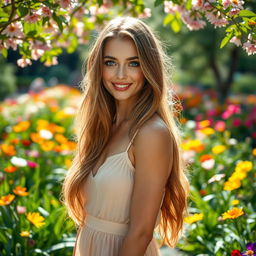 A stunningly beautiful woman with long flowing hair, radiant skin, and captivating blue eyes, standing gracefully in a blooming garden filled with colorful flowers