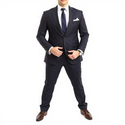 A person standing confidently in an elegant formal attire, with a stylish tailored suit, crisp white shirt, and a classy tie