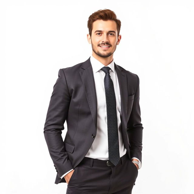 A person standing confidently in an elegant formal attire, with a stylish tailored suit, crisp white shirt, and a classy tie