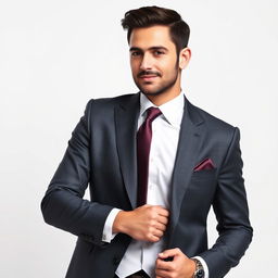 A person standing confidently in an elegant formal attire, with a stylish tailored suit, crisp white shirt, and a classy tie