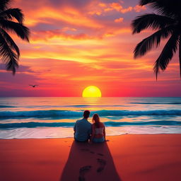 A vibrant and inviting scene of a breathtaking sunset over a calm ocean, with soft waves lapping at a sandy beach
