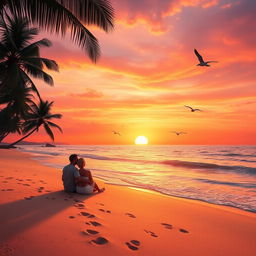 A vibrant and inviting scene of a breathtaking sunset over a calm ocean, with soft waves lapping at a sandy beach