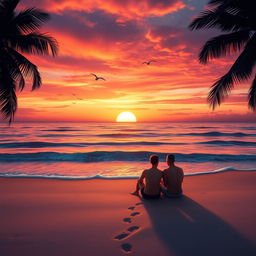 A vibrant and inviting scene of a breathtaking sunset over a calm ocean, with soft waves lapping at a sandy beach