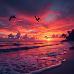 A breathtakingly beautiful sunset over a serene beach, with vibrant colors of red, orange, and purple reflecting on the water